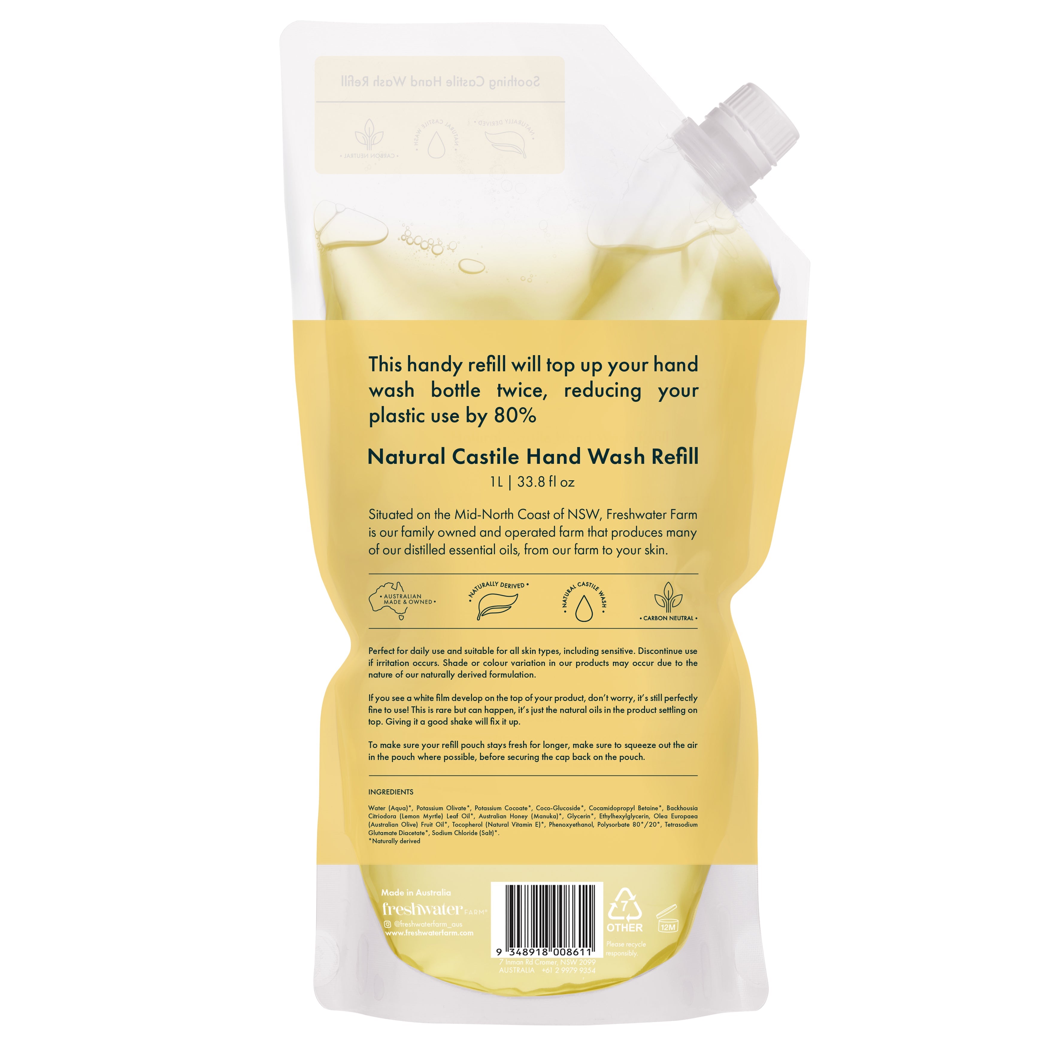 HAND WASH REFILL | Soothing Lemon Myrtle Oil + Manuka Honey Pouch Refill 1L
