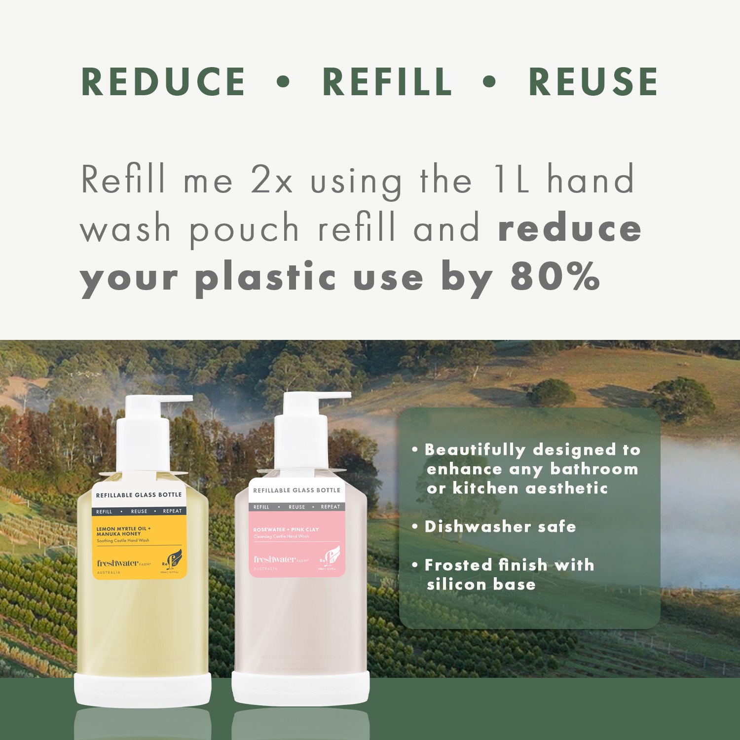 REFILLABLE GLASS BOTTLE | Rosewater + Pink Clay Hand Wash 500ml